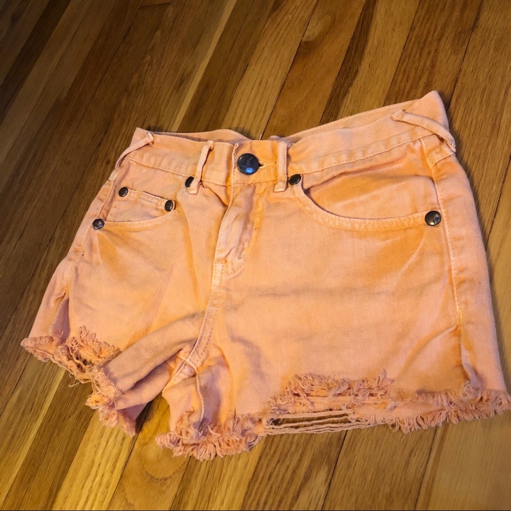 Distressed Orange Free People Denim Shorts